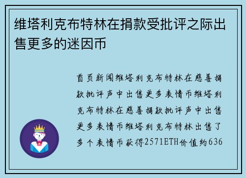 维塔利克布特林在捐款受批评之际出售更多的迷因币